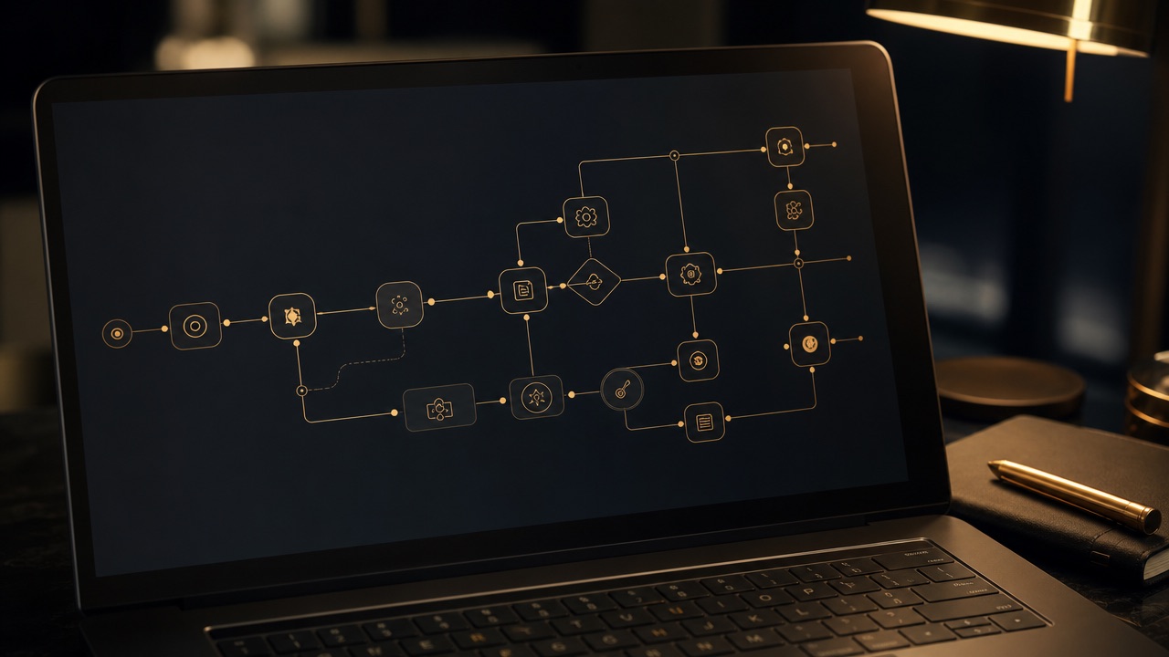 Laptop met een verlicht workflow-schema in messing lijnen op een donker scherm