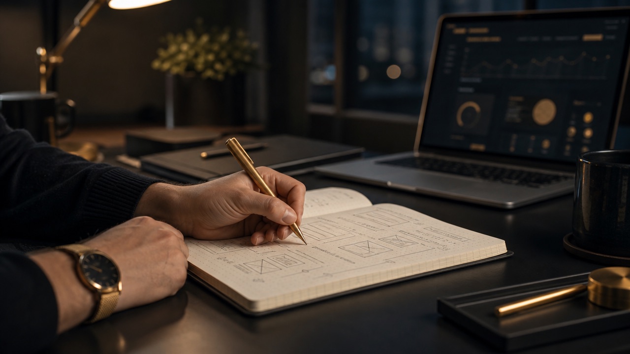 Hand werkt website-wireframes uit in een notitieboek, laptop met dashboard op de achtergrond