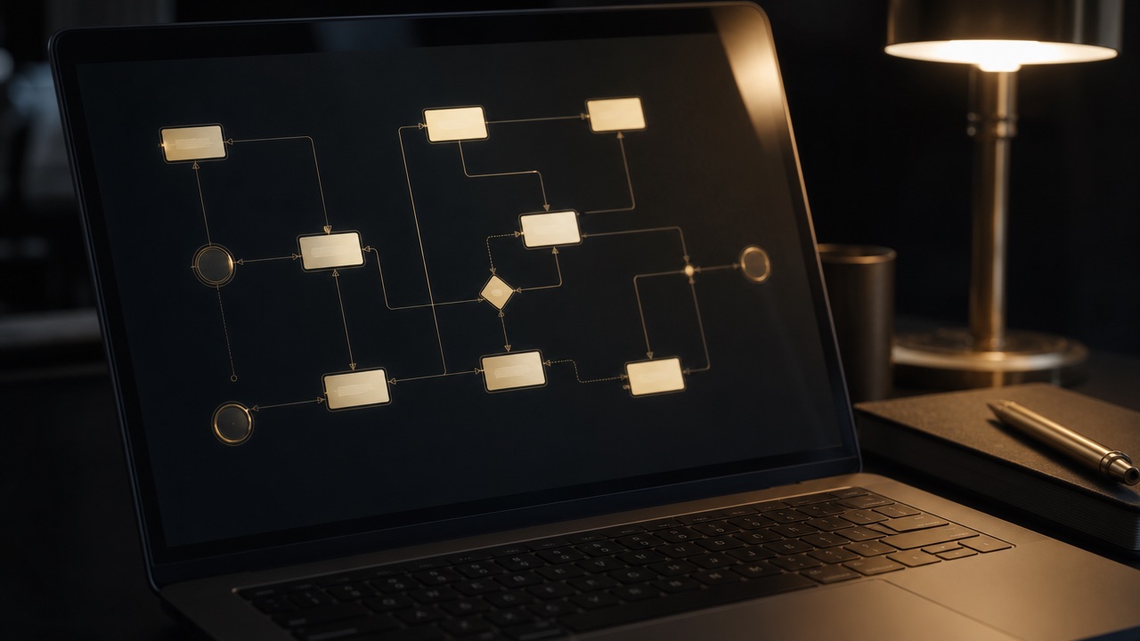 Laptop op een bureau toont een geautomatiseerd workflow-diagram in messing lijnen