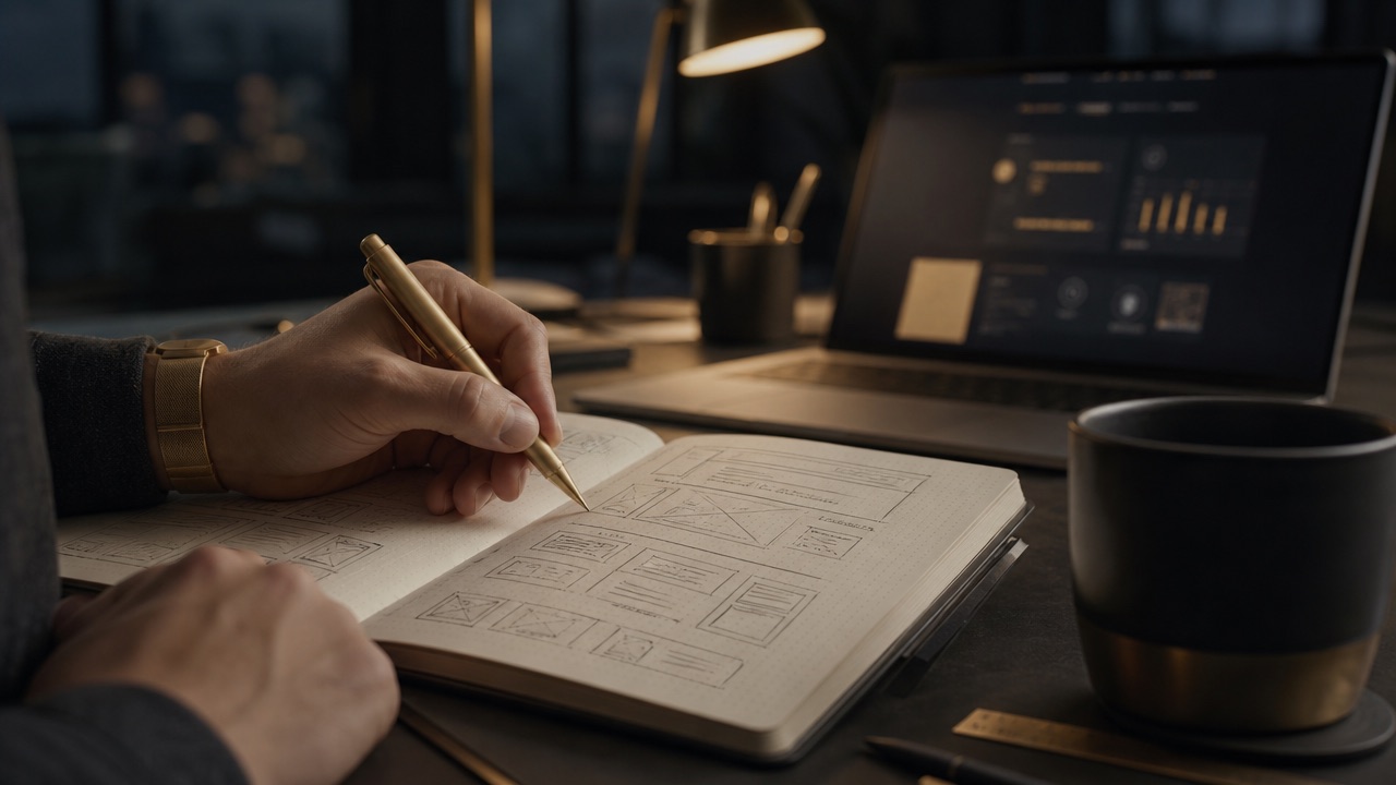 Werkplek met een notitieboek vol scène-aantekeningen, laptop en koffie in warm licht